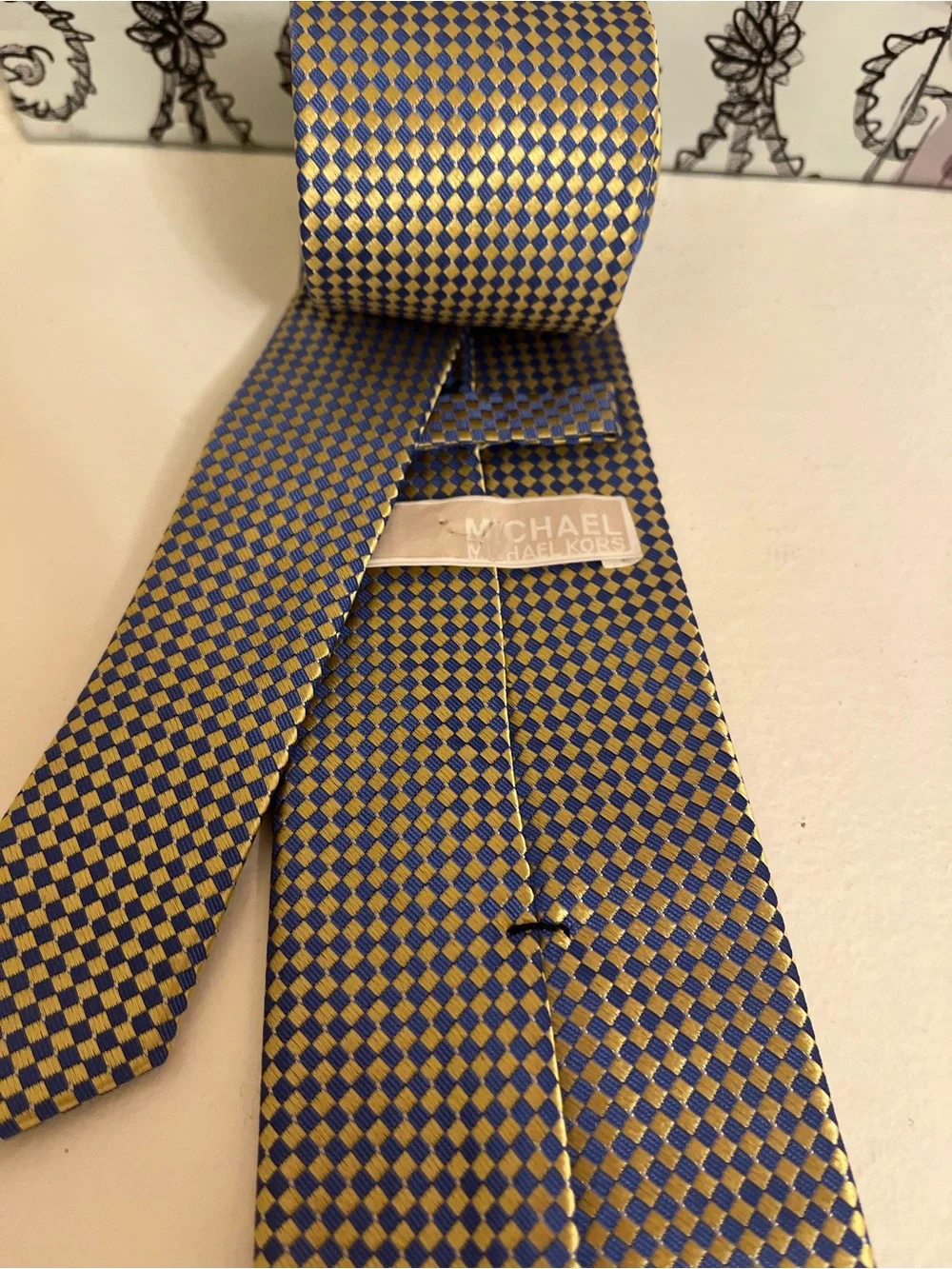 Michael Kors Men's Silk Tie Gold Blue Checkered 100% Silk